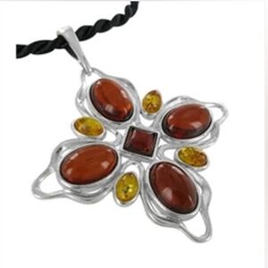 Amber pendant (marsala & honey colored gems) in sterling silver filigree, large!